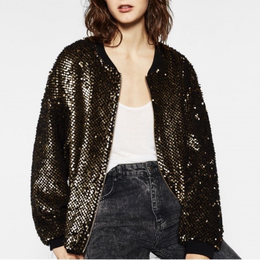 Zara oversized faux fur sequin bomber jacket black gold medium